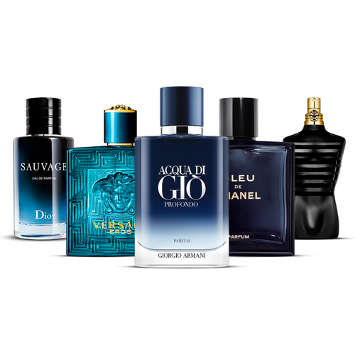 Kombination aus 5 Herrenparfums – Sauvage, Versace Eros, Acqua di Giò Profondo, Bleu de Chanel und Le Male [jeweils 100 ml]
