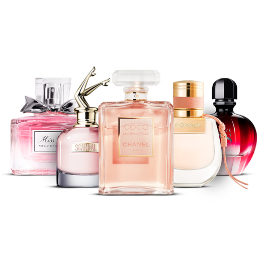 Kombination aus 5 Damenparfüms – Miss Dior Absolutely Blooming, Scandal, Coco Mademoiselle, Nomade und Black XS [je 100 ml]