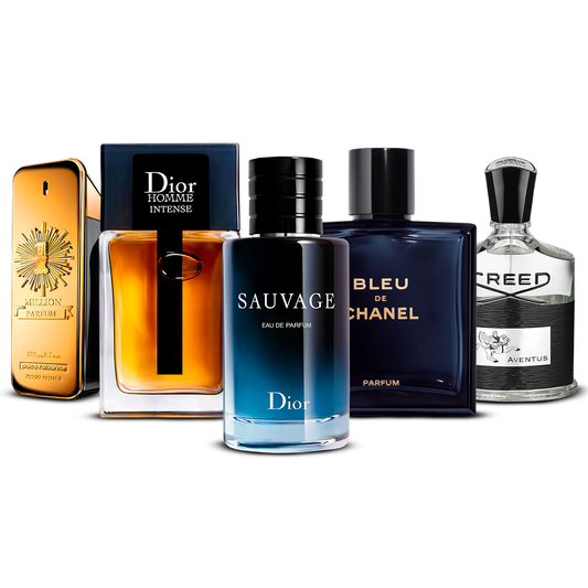Kombination aus 5 Herrenparfüms – 1 Million, Dior Homme Intense, Sauvage, Bleu de Chanel und Creed Aventus [je 100 ml]