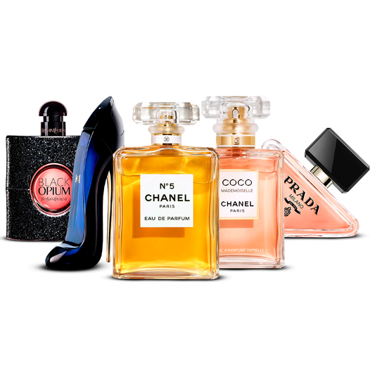 Kombination aus 5 Damenparfums – Black Opium, Good Girl, Chanel Nº5, Coco Mademoiselle und Prada Paradoxe [jeweils 100 ml]