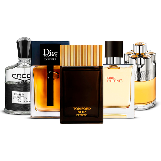 Kombination aus 5 Herrenparfüms – Creed Aventus, Dior Homme Intense, Tom Ford Noir Extrême, Terre d'Hermès und Azzaro Wanted [jeweils 100 ml]