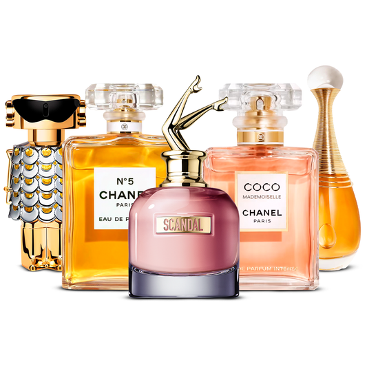 Kombination aus 5 Damenparfums – Fame, Chanel Nº5, Scandal, Coco Mademoiselle und J’adore [jeweils 100 ml]