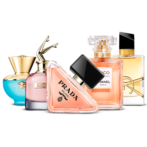 Kombination aus 5 Damenparfüms – Versace Dylan Turquoise, Scandal, Prada Paradoxe, Coco Mademoiselle und Yves Saint Laurent Libre [je 100 ml]