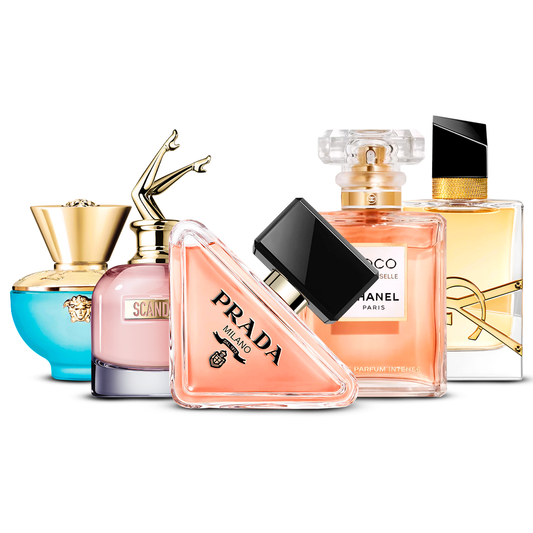 Kombination aus 5 Damenparfüms – Versace Dylan Turquoise, Scandal, Prada Paradoxe, Coco Mademoiselle und Yves Saint Laurent Libre [je 100 ml]