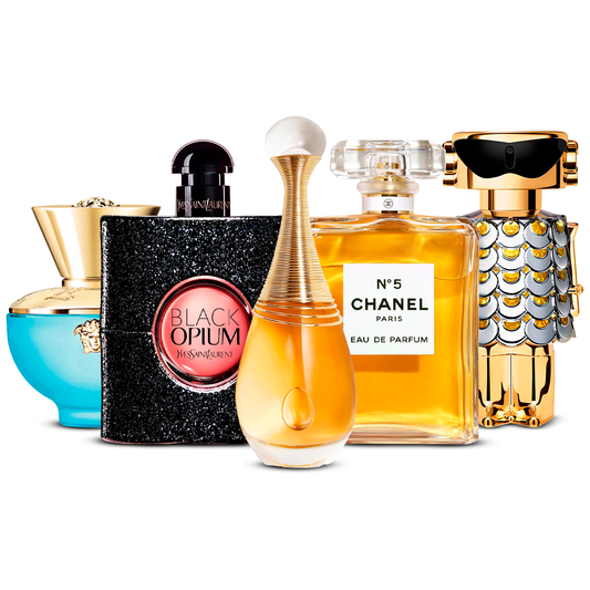 Kombination aus 5 Damenparfums – Versace Dylan Turquoise, Black Opium, J’adore, Chanel Nº5 und Fame [jeweils 100 ml]