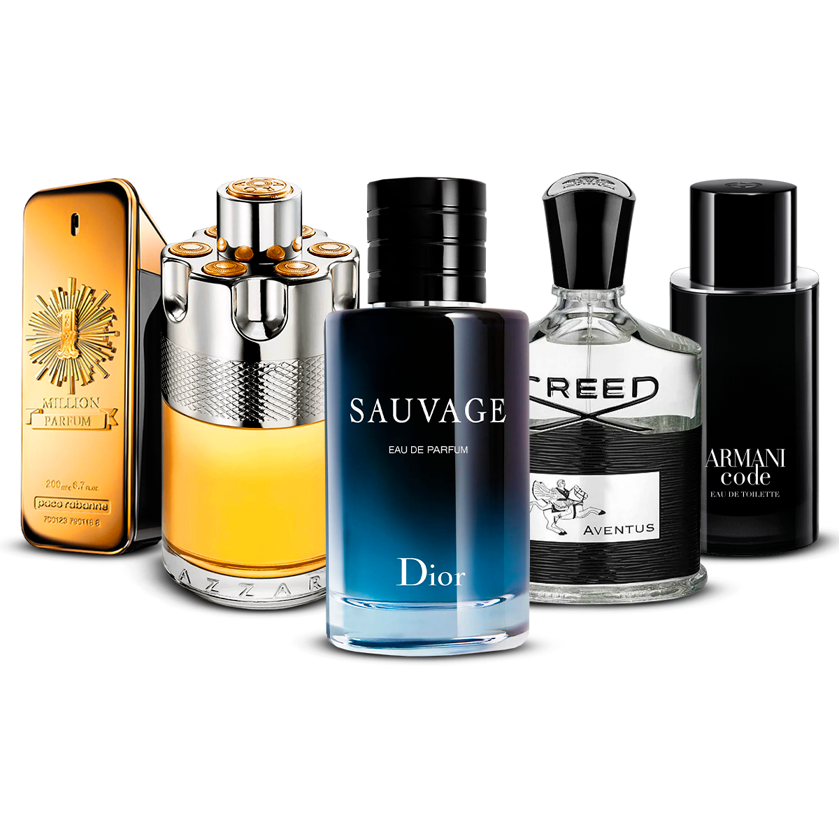 Kombination aus 5 Herrenparfüms – 1 Million, Azzaro Wanted, Sauvage, Creed Aventus und Armani Code [jeweils 100 ml]