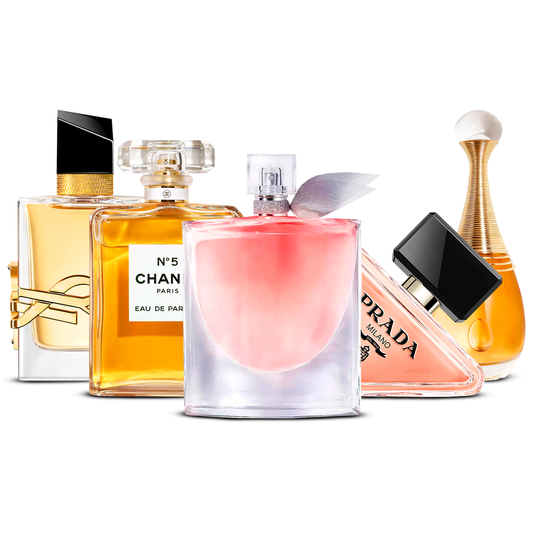 Kombination aus 5 Damenparfüms – Yves Saint Laurent Libre, Chanel Nº5, La Vie Est Belle, Prada Paradoxe und J’adore [je 100 ml]