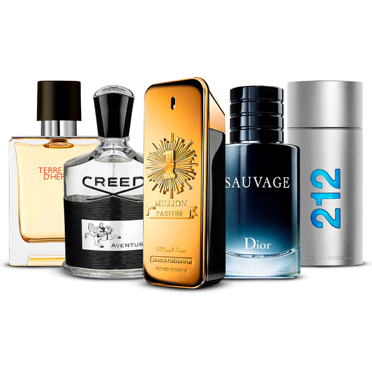 Kombination aus 5 Herrenparfums – Terre d’Hermès, Creed Aventus, 1 Million, Sauvage und 212 Men [jeweils 100 ml]